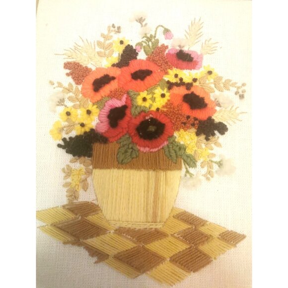 Vintage Floral Crewel Pictures in Wooden Frames - Bouquets - Picture 3 of 13